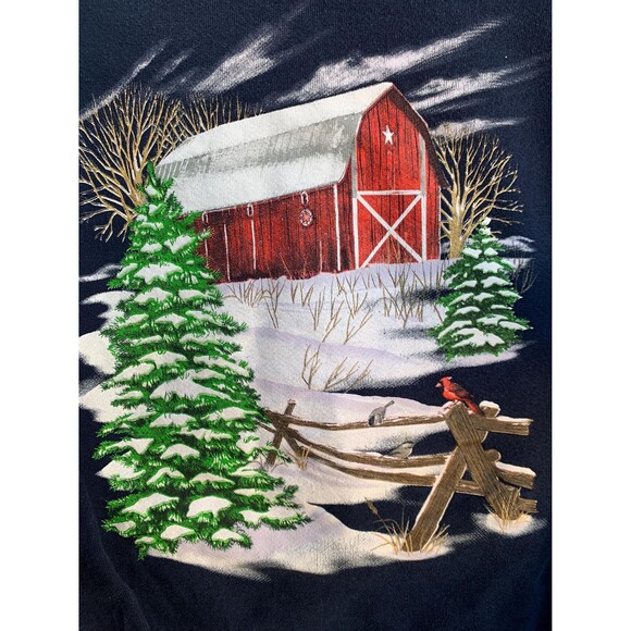 Vintage 90s crewneck sweatshirt with red barn Christmas Cardinals birds Size L - Picture 2 of 8